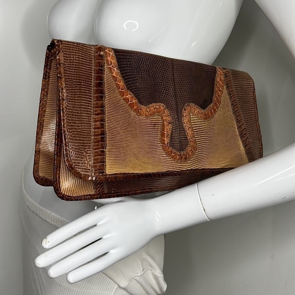 Carlos Falchi Mixed Exotic Snakeskin, Lizard, Ostrich Snap Envelope Clutch Bag - Picture 1 of 12